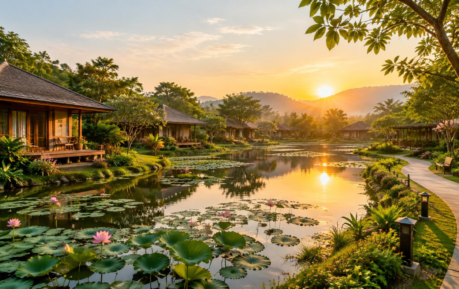 สระบัวยามเช้าและบ้านชั้นเดียวในชุมชน (ภาพจำลองบรรยากาศ)